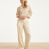 Beige Blouse Met Abstracte Print En Halflange Mouwen | Dark Sand - Off White