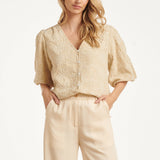 Beige Broderie Top Met Knoopsluiting | Sand
