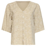 Beige Broderie Top Met Knoopsluiting | Sand
