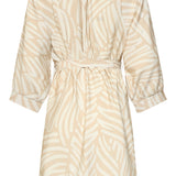 Beige Jurk Met Abstracte Print En Tailleceintuur | Dark Sand - Off White