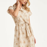 Beige Jurk Met Geborduurde Bloemen En Tailleceintuur | Sand - Dark Sand