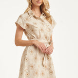 Beige Jurk Met Geborduurde Bloemen En Tailleceintuur | Sand - Dark Sand