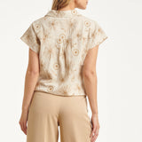 Beige Top met Geborduurde Bloemen en Polo Kraag | Sand - Dark Sand