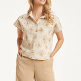 Beige Top met Geborduurde Bloemen en Polo Kraag | Sand - Dark Sand