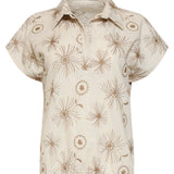 Beige Top met Geborduurde Bloemen en Polo Kraag | Sand - Dark Sand