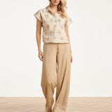 Beige Top met Geborduurde Bloemen en Polo Kraag | Sand - Dark Sand