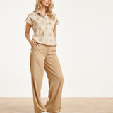 Beige Top met Geborduurde Bloemen en Polo Kraag | Sand - Dark Sand