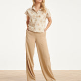 Beige Top met Geborduurde Bloemen en Polo Kraag | Sand - Dark Sand