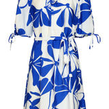 Blauw En Wit Korte Jurk Met Abstracte Bloemenprint | Cobalt - White
