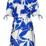 Blauw En Wit Korte Jurk Met Abstracte Bloemenprint | Cobalt - White