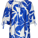 Blauw En Wit Top Met Bloemenprint En Strikdetails | Cobalt - White