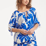 Blauw En Wit Top Met Bloemenprint En Strikdetails | Cobalt - White