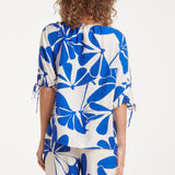 Blauw En Wit Top Met Bloemenprint En Strikdetails | Cobalt - White
