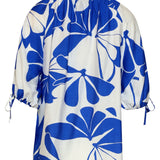 Blauw En Wit Top Met Bloemenprint En Strikdetails | Cobalt - White