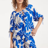 Blauw En Wit Top Met Bloemenprint En Strikdetails | Cobalt - White