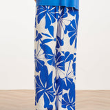 Blauwe Palazzo Broek Met Witte Bloemenprint En Elastische Taille | Cobalt - White