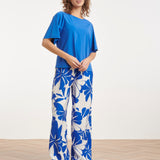 Blauwe Palazzo Broek Met Witte Bloemenprint En Elastische Taille | Cobalt - White