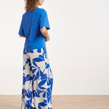 Blauwe Palazzo Broek Met Witte Bloemenprint En Elastische Taille | Cobalt - White