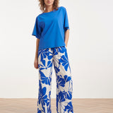 Blauwe Palazzo Broek Met Witte Bloemenprint En Elastische Taille | Cobalt - White