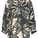 Blusa com Estampado de Folhas e Detalhes de Botões em Preto e Cru | Off White - Black