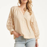 Blouse Met Broderie Pofmouw Detail | Sand