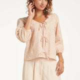 Top Boho com Rico Bordado e Cordão | Baby Pink - Off White
