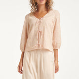 Top Boho com Rico Bordado e Cordão | Baby Pink - Off White