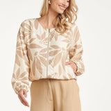 Bomber com Estampado Floral Abstrato - Bege/Branco | Off White - Dark Sand