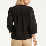 Blusa Bordada com Abotoamento e Mangas de Três Quartos | Black