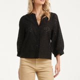 Blusa Bordada com Abotoamento e Mangas de Três Quartos | Black