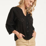 Blusa Bordada com Abotoamento e Mangas de Três Quartos | Black