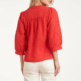 Blusa Bordada com Abotoamento e Mangas de Três Quartos | Red