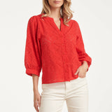 Blusa Bordada com Abotoamento e Mangas de Três Quartos | Red