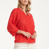 Blusa Bordada com Abotoamento e Mangas de Três Quartos | Red