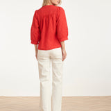 Blusa Bordada com Abotoamento e Mangas de Três Quartos | Red