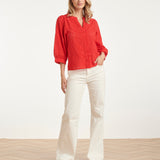 Blusa Bordada com Abotoamento e Mangas de Três Quartos | Red