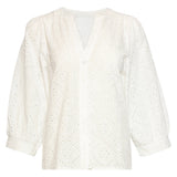 Blusa Bordada com Abotoamento e Mangas de Três Quartos | White