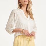 Blusa Bordada com Abotoamento e Mangas de Três Quartos | White