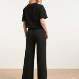 Comfortabele Wide Leg Broek Met Contrasterende Borduring | Black - Off White