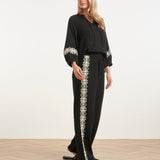 Comfortabele Wide Leg Broek Met Contrasterende Borduring | Black - Off White