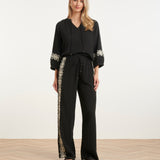 Comfortabele Wide Leg Broek Met Contrasterende Borduring | Black - Off White