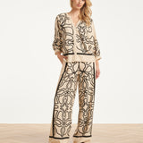 Crème Blouse Met Zwart Grafisch Patroon | Sand - Black