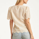 Crème Broderie Top Met Korte Mouwen En Scallop Zoom | Off White