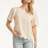 Crème Broderie Top Met Korte Mouwen En Scallop Zoom | Off White