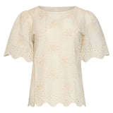 Crème Broderie Top Met Korte Mouwen En Scallop Zoom | Off White
