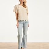 Crème Broderie Top Met Korte Mouwen En Scallop Zoom | Off White