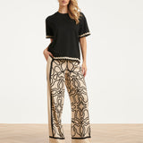 Crème Wide Leg Broek Met Zwart Grafisch Patroon | Sand - Black