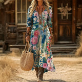 【Mangas Compridas】Vestido Vintage com Estampado Floral
