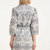 Vestido Abotoado com Bordado Paisley | White - Navy