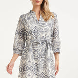 Vestido Abotoado com Bordado Paisley | White - Navy